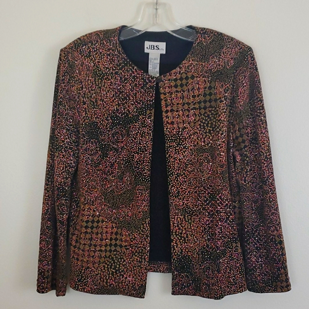 J.B.S. Ltd. Dressy Black w/ Sparkly Iridescent Tan & Pink Artsy Cardigan L